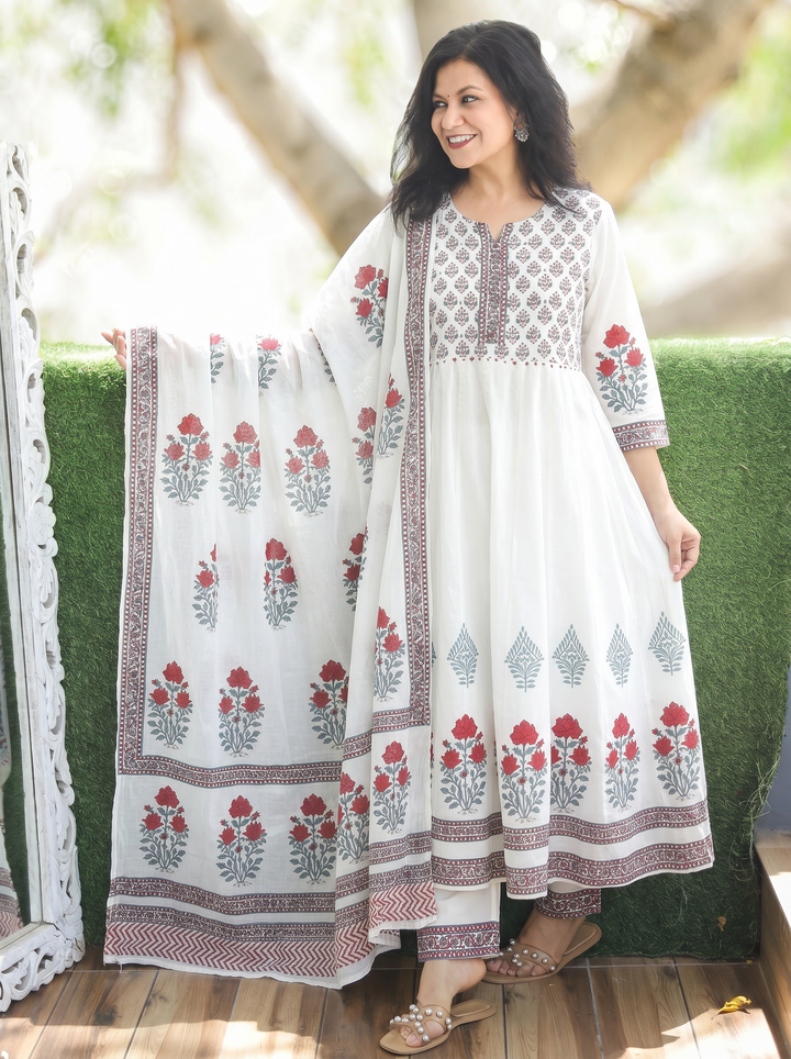 Kira White Anarkali Mul Cotton 3 Piece Set