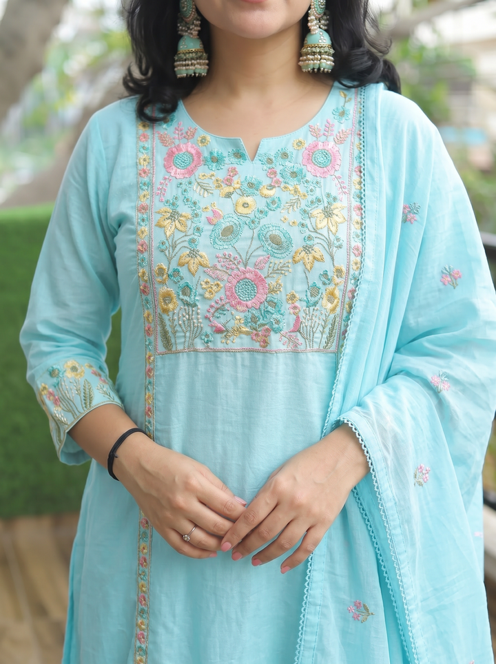 Tejas Ice Blue Panel Embroidered Mul Cotton 3 Piece Set