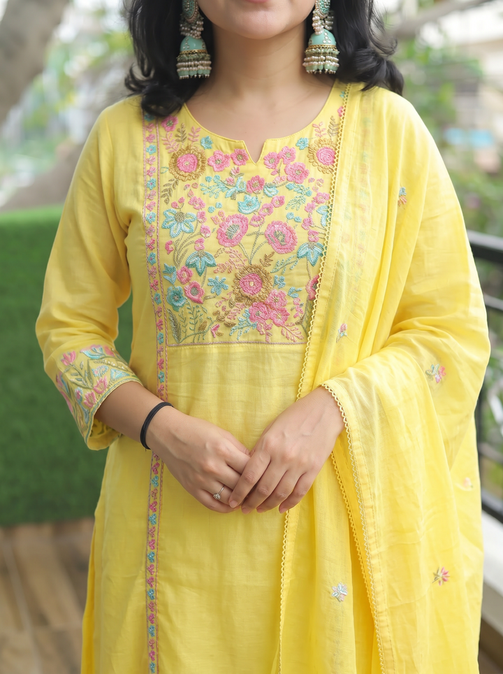 Tejas Yellow Panel Embroidered Mul Cotton 3 Piece Set