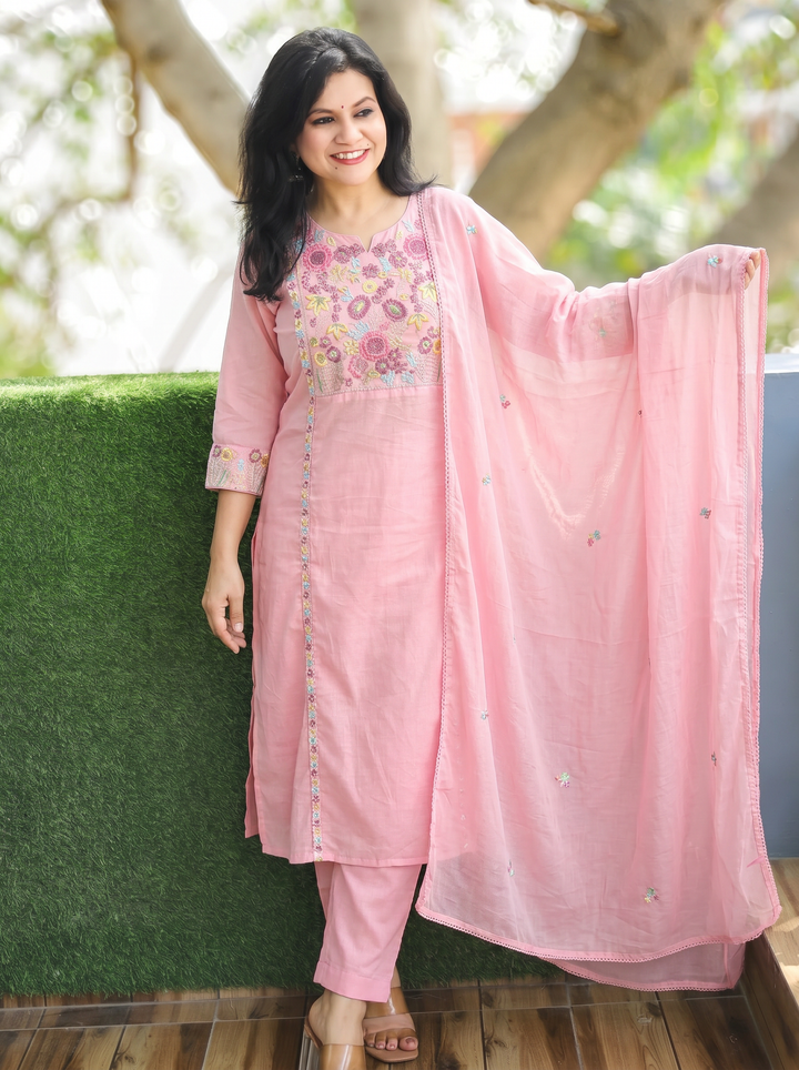 Tejas Pink Panel Embroidered Mul Cotton 3 Piece Set