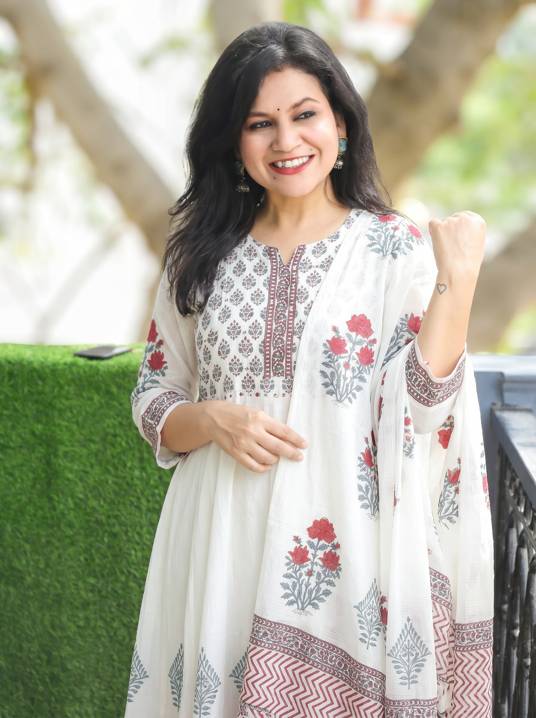Kira White Anarkali Mul Cotton 3 Piece Set