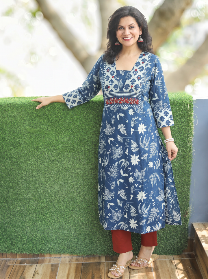Mahi Indigo Blue Embroidered Dabu Cotton Kurti