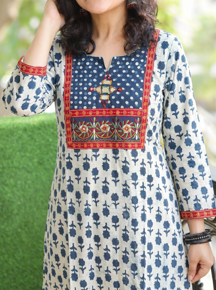Gulneez Stone Blue Kutch Yoke Dabu Cotton Kurti