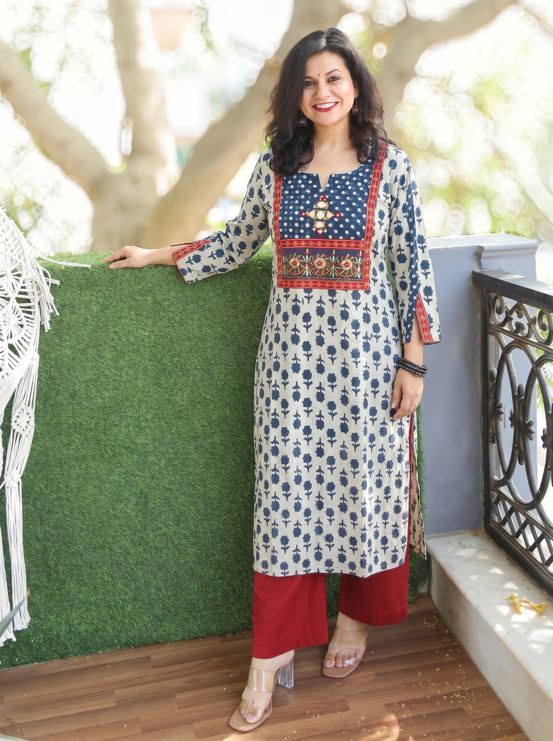 Gulneez Stone Blue Kutch Yoke Dabu Cotton Kurti