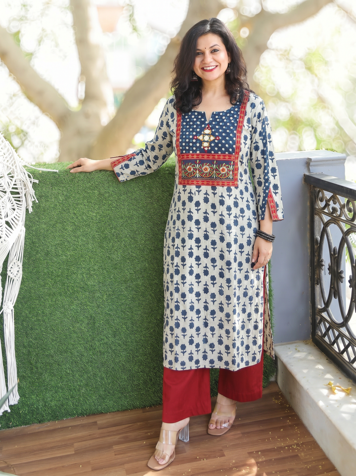 Gulneez Stone Blue Kutch Yoke Dabu Cotton Kurti