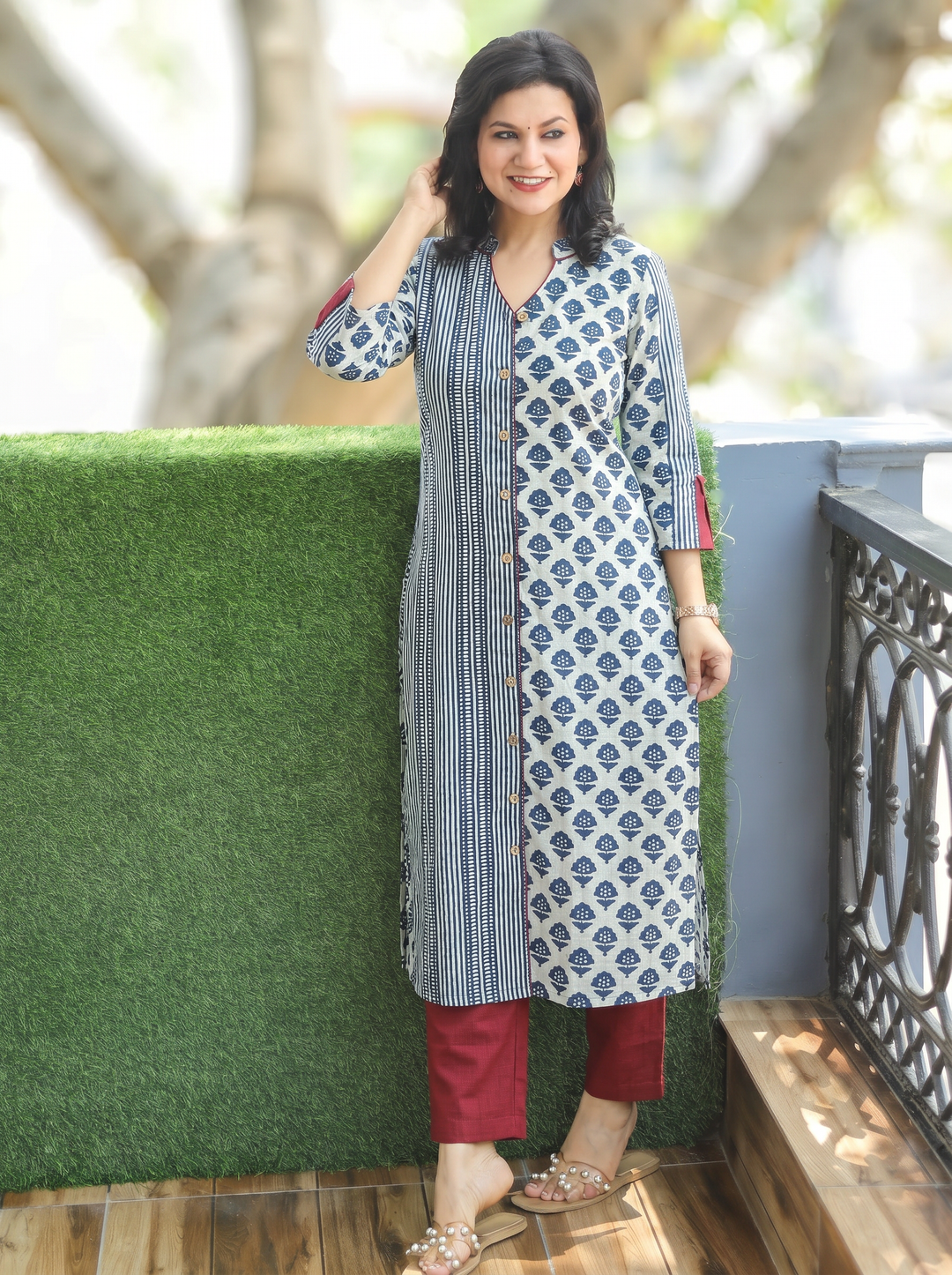 Manara Indie Blue Button Down Dabu Cotton Kurti