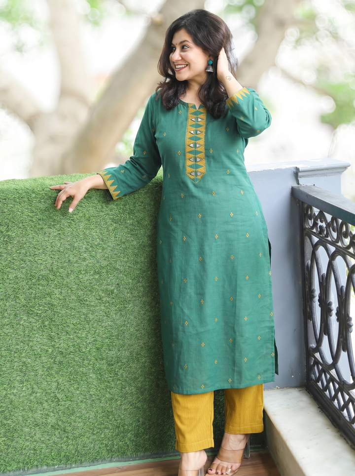 Mishthi Green Mirror Work Patch Woven Cotton 2 Piece Set
