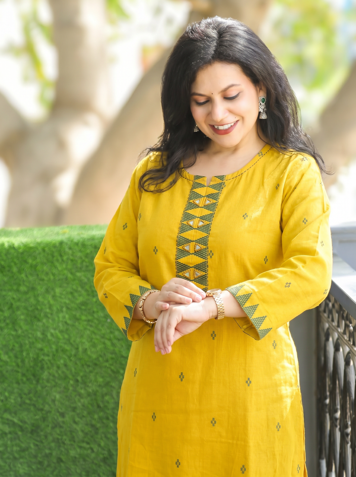Mishthi Yellow Mirror Work Patch Woven Cotton 2 Piece Set