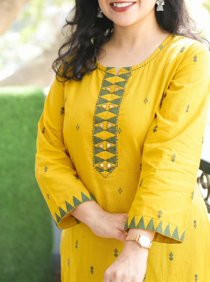 Mishthi Yellow Mirror Work Patch Woven Cotton 2 Piece Set