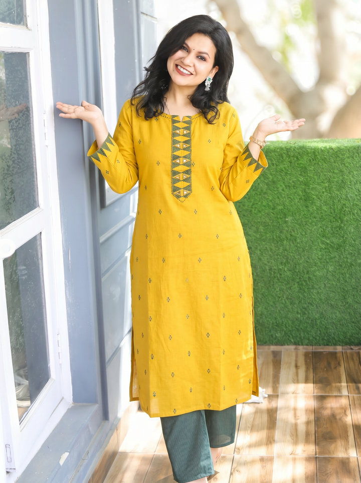 Mishthi Yellow Mirror Work Patch Woven Cotton 2 Piece Set