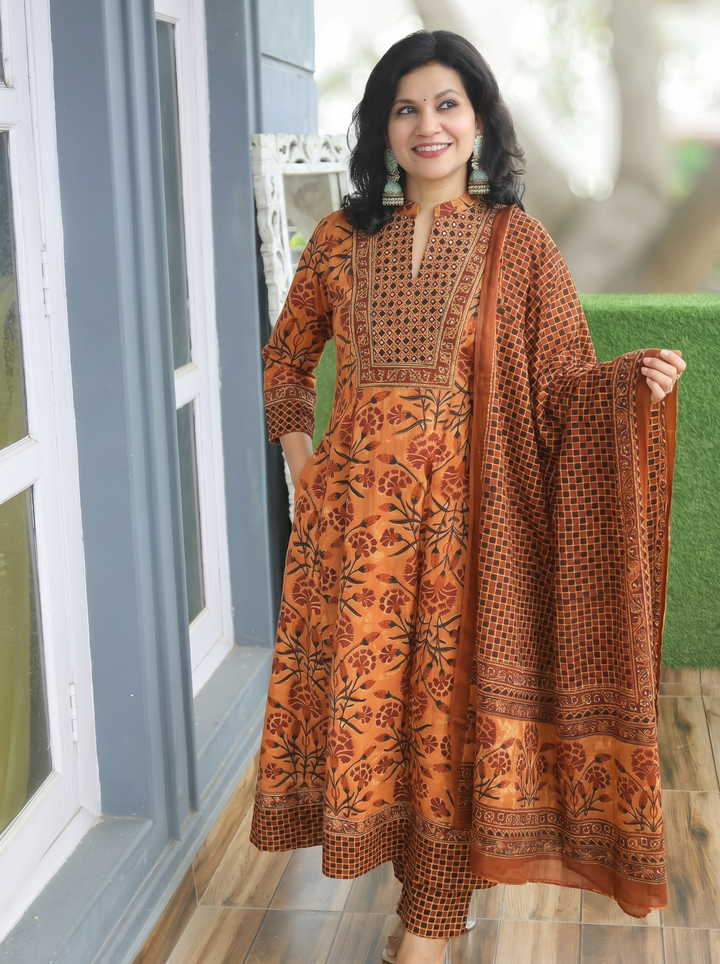 Sakshi Orange Zari Work Cotton 3 Piece Set
