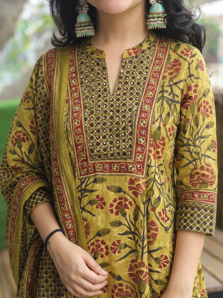 Sakshi Yellow Zari Work Cotton 3 Piece Set