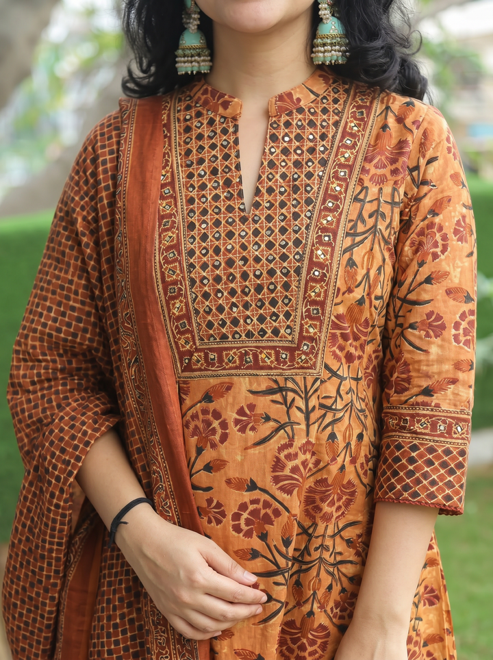 Sakshi Orange Zari Work Cotton 3 Piece Set