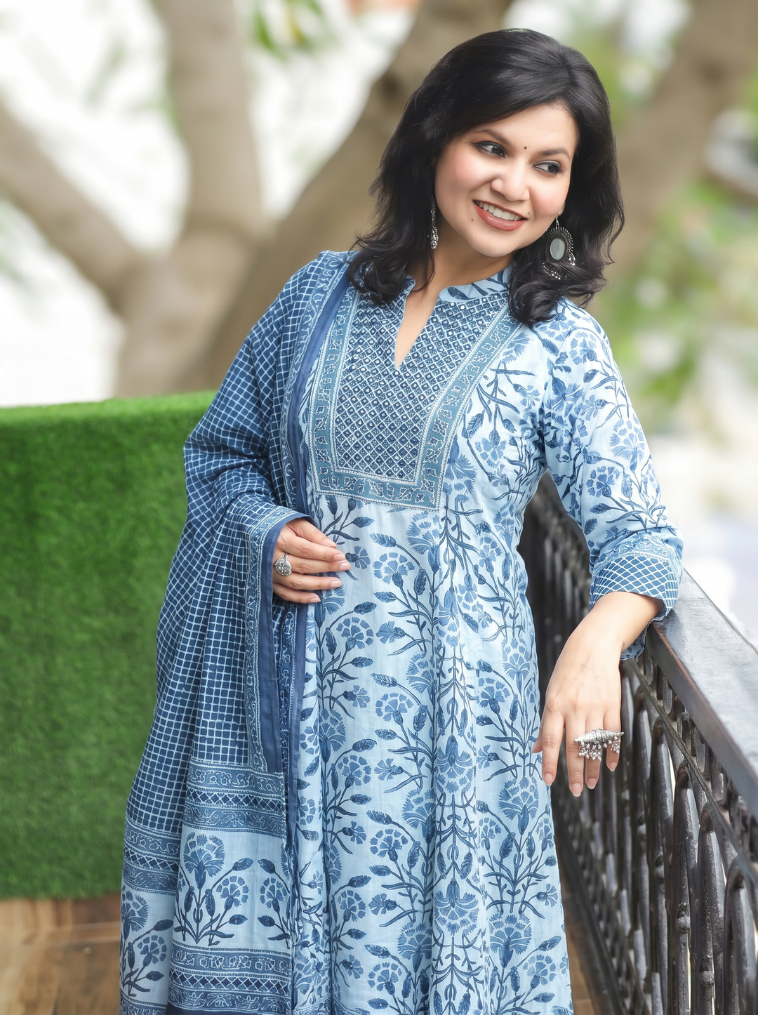 Sakshi Blue Zari Work Cotton 3 Piece Set
