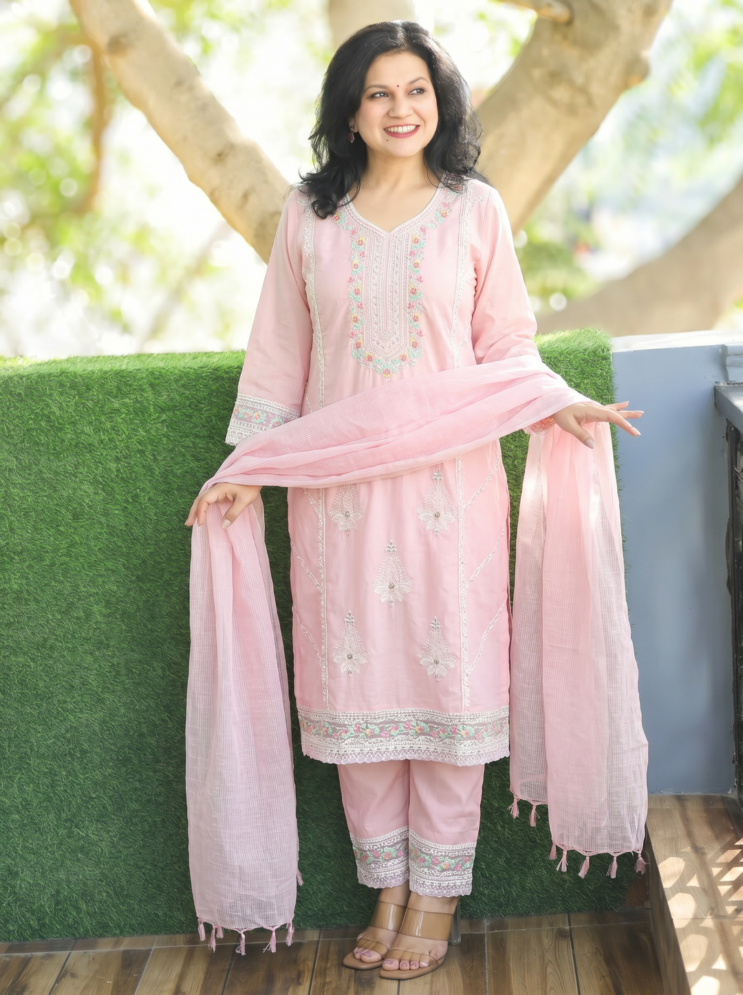 Surbhi Pastel Pink Embroidered Mul Cotton Set