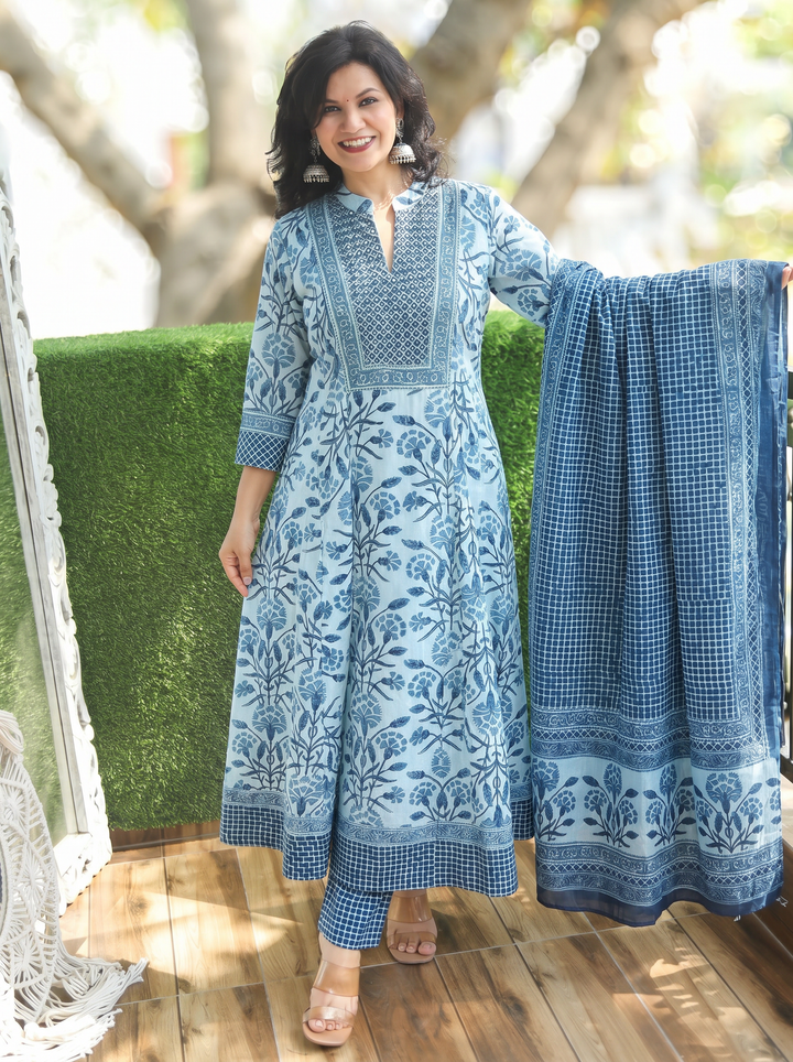 Sakshi Blue Zari Work Cotton 3 Piece Set