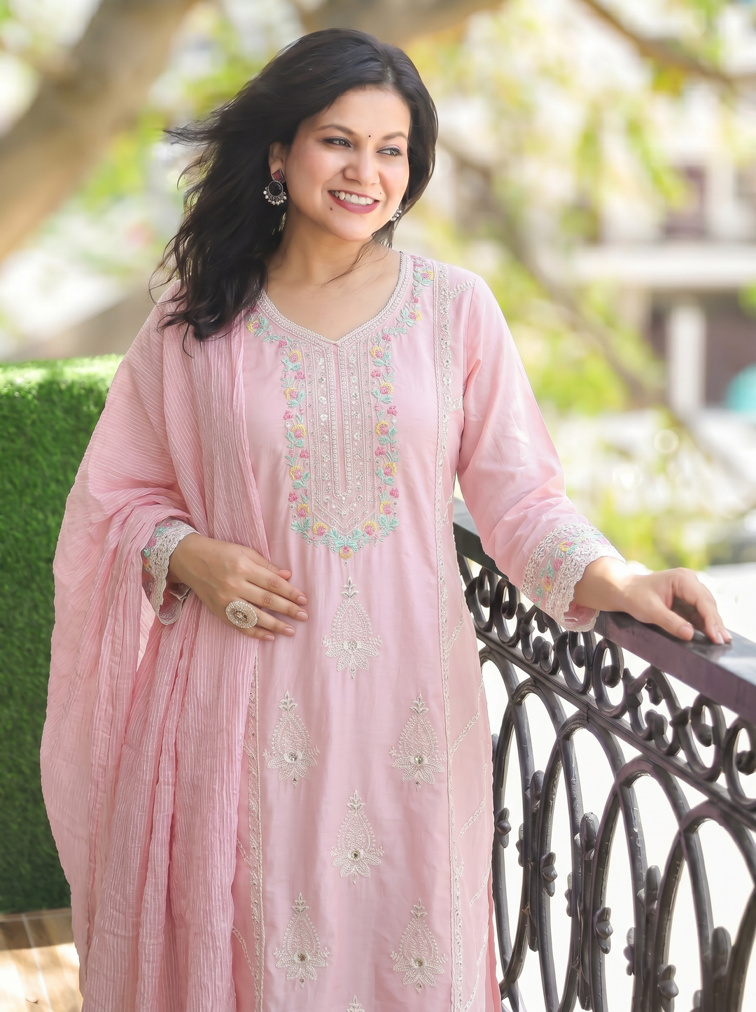 Surbhi Pastel Pink Embroidered Mul Cotton Set