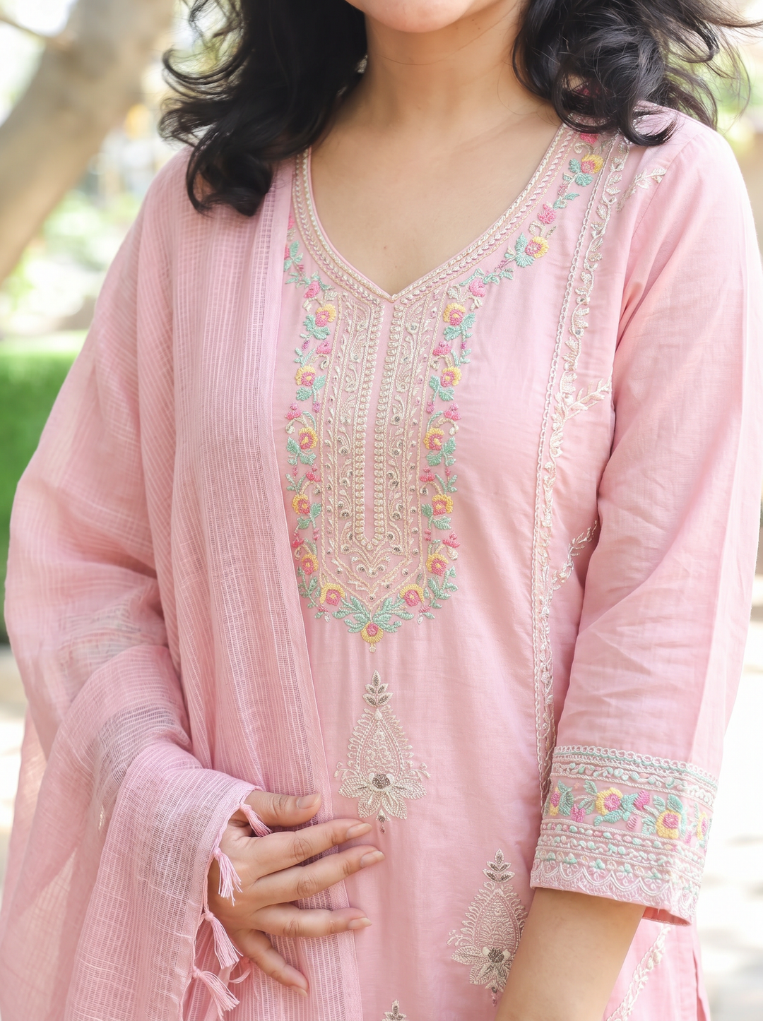Surbhi Pastel Pink Embroidered Mul Cotton Set