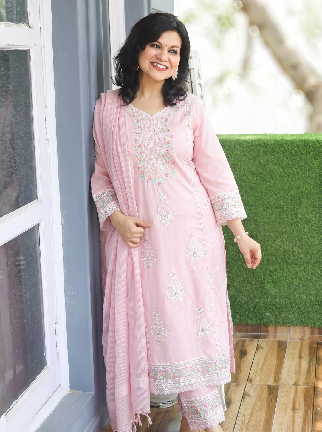 Surbhi Pastel Pink Embroidered Mul Cotton Set