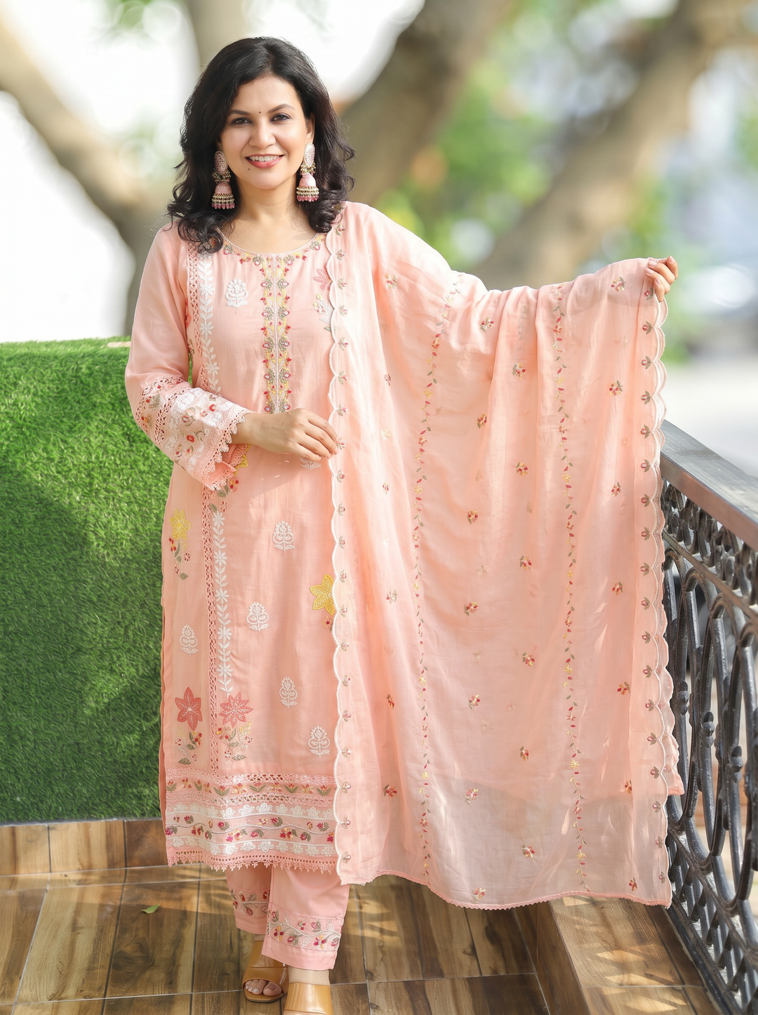 Preet Pestel Peach Embroidered Mul Cotton Set