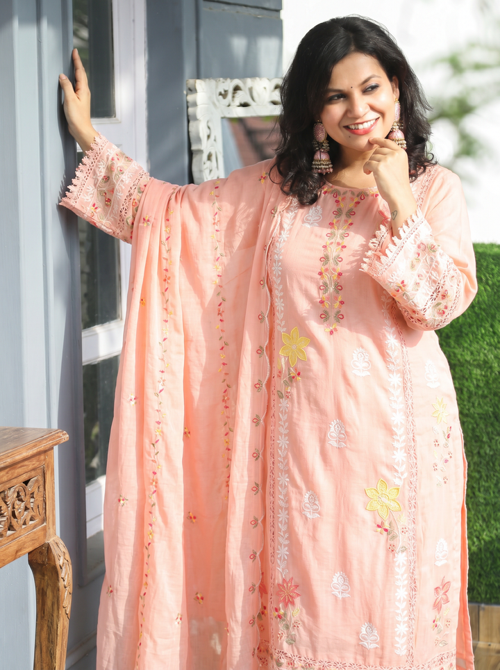 Preet Pestel Peach Embroidered Mul Cotton Set