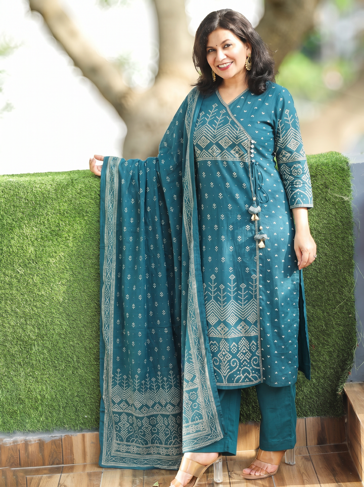 Deepika Cerulean Teal Bandhani Cotton 3 Piece Set