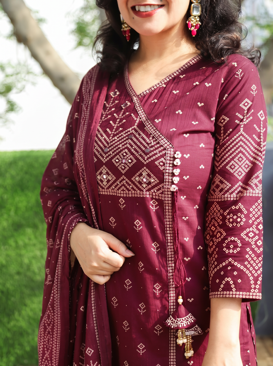 Deepika Wine Maroon Bandhani Cotton 3 Piece Set