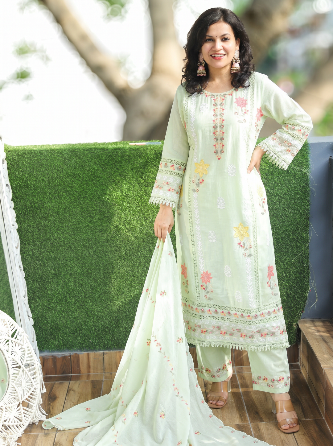 Preet Pista Mint Embroidered Mul Cotton Set