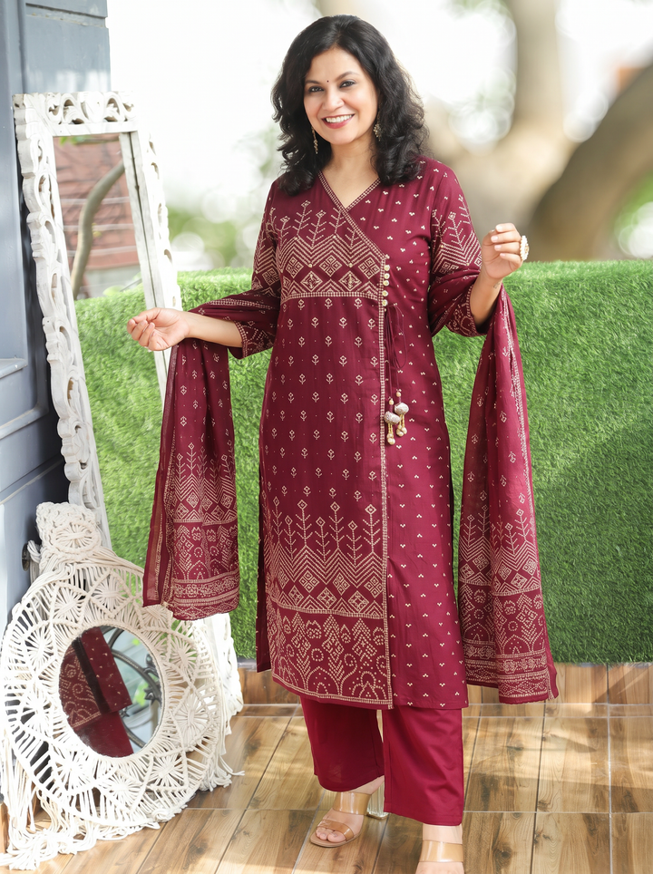 Deepika Wine Maroon Bandhani Cotton 3 Piece Set