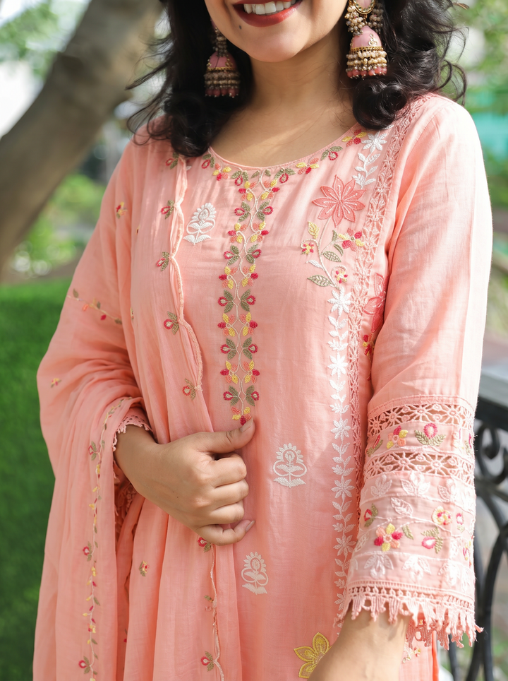 Preet Pestel Peach Embroidered Mul Cotton Set