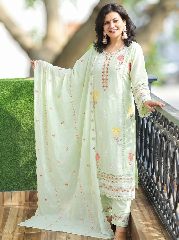 Preet Pista Mint Embroidered Mul Cotton Set