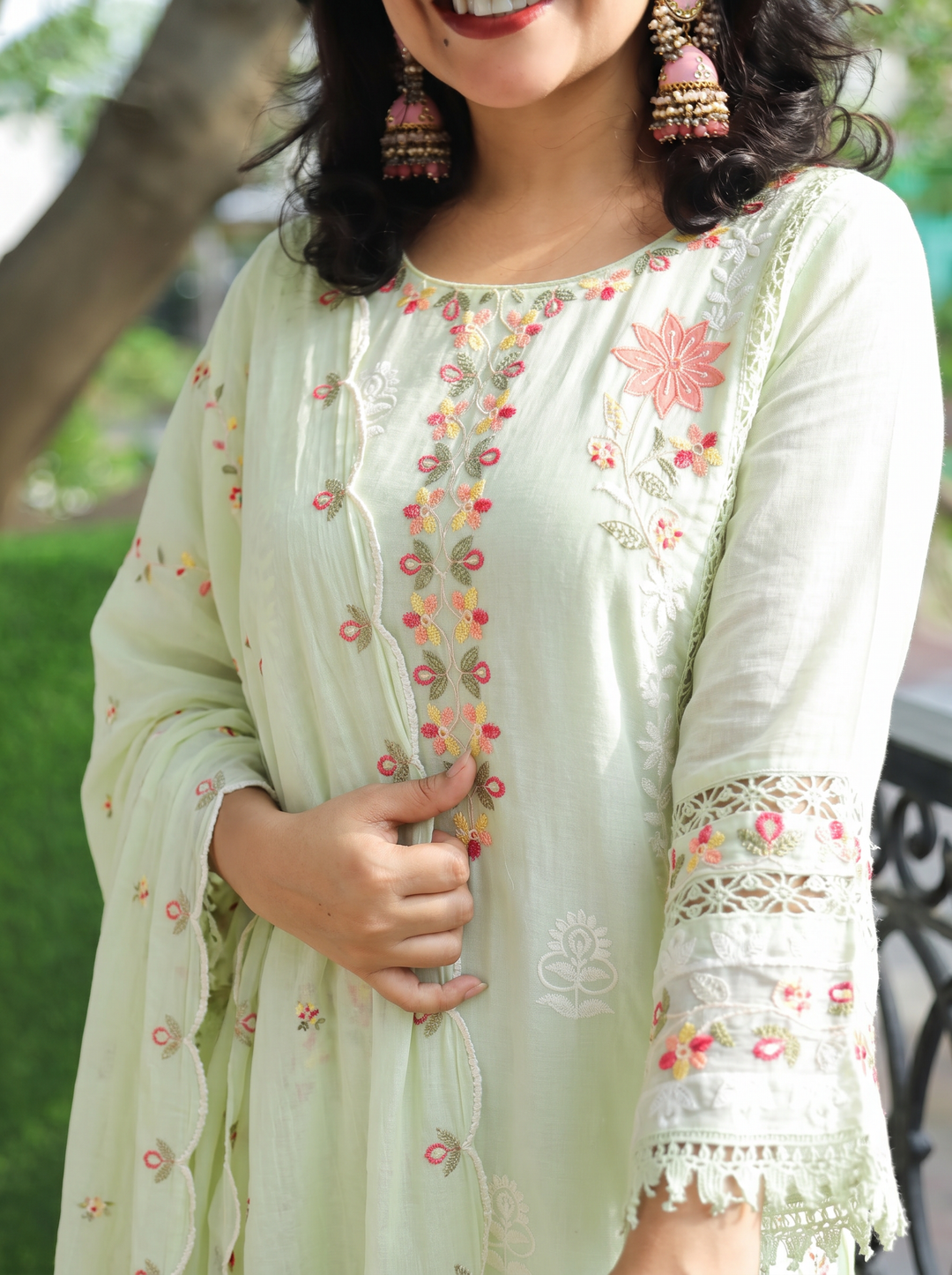 Preet Pista Mint Embroidered Mul Cotton Set