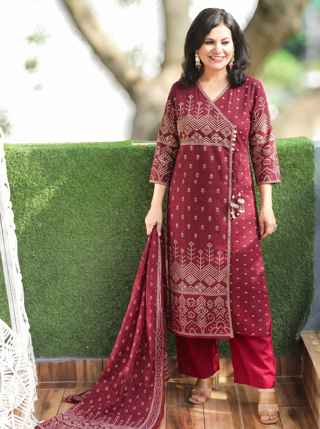 Deepika Wine Maroon Bandhani Cotton 3 Piece Set