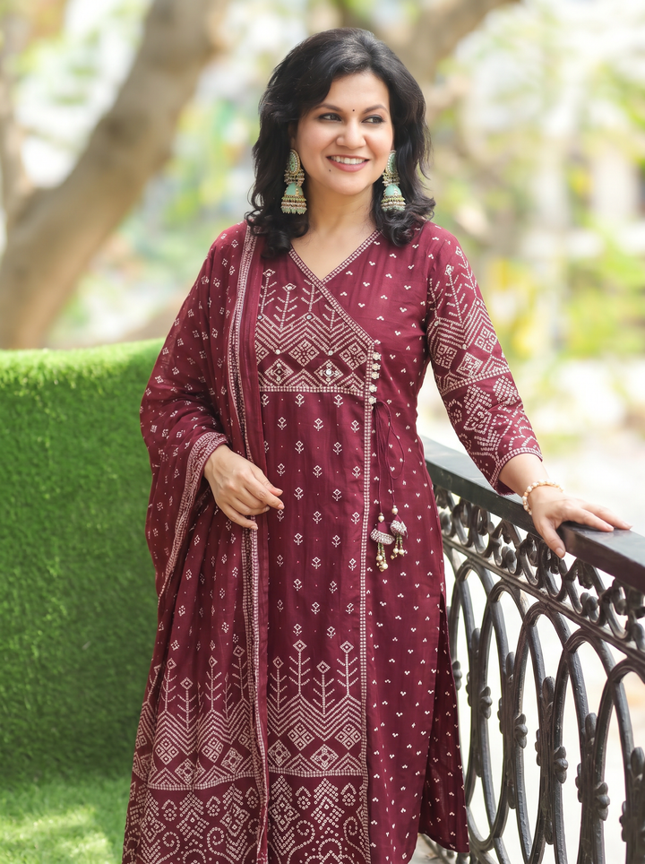Deepika Wine Maroon Bandhani Cotton 3 Piece Set