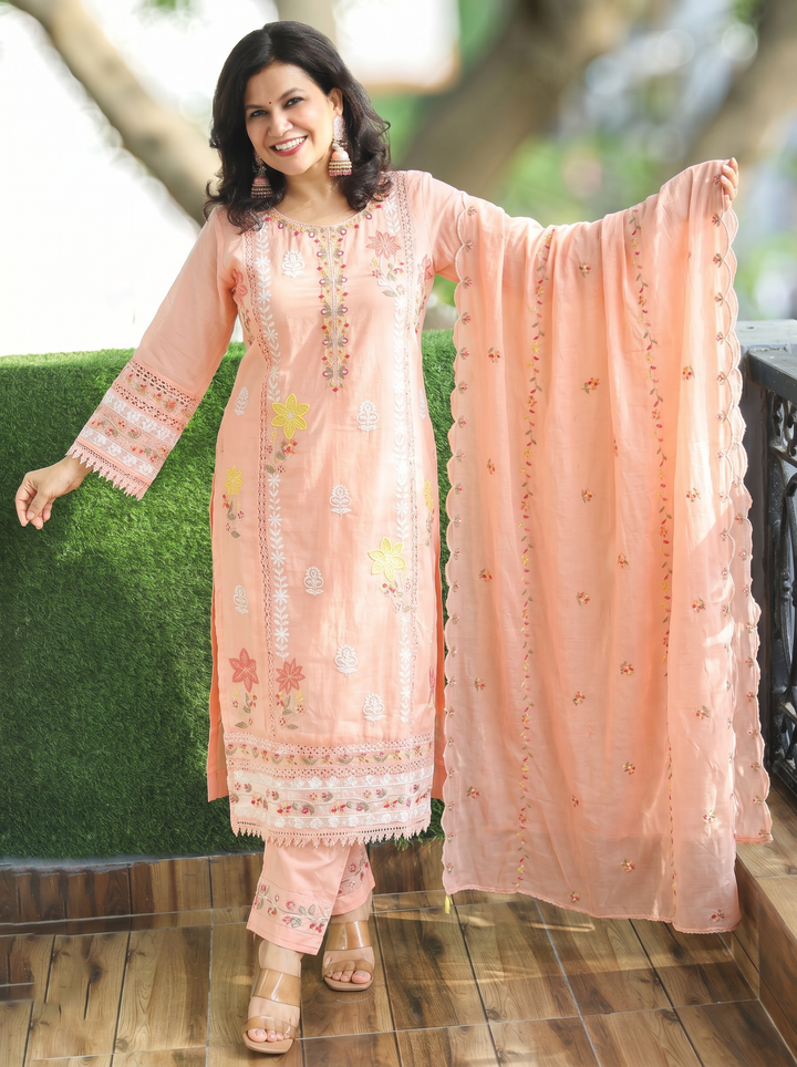 Preet Pestel Peach Embroidered Mul Cotton Set
