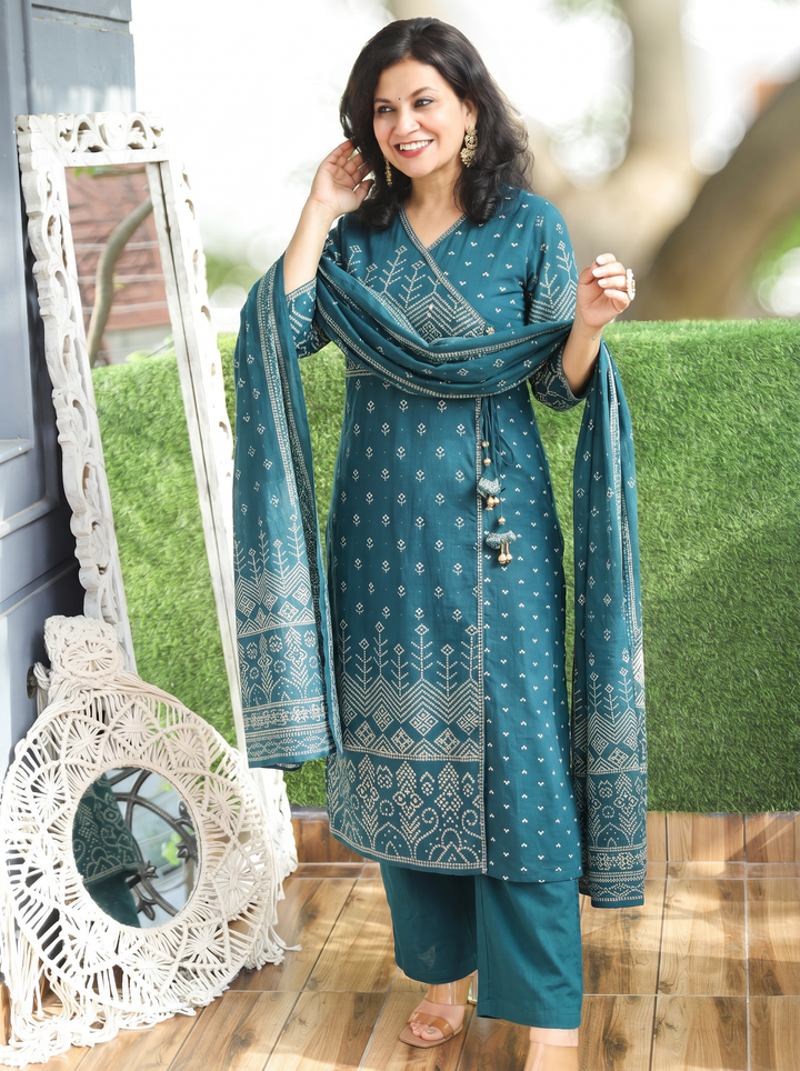 Deepika Cerulean Teal Bandhani Cotton 3 Piece Set