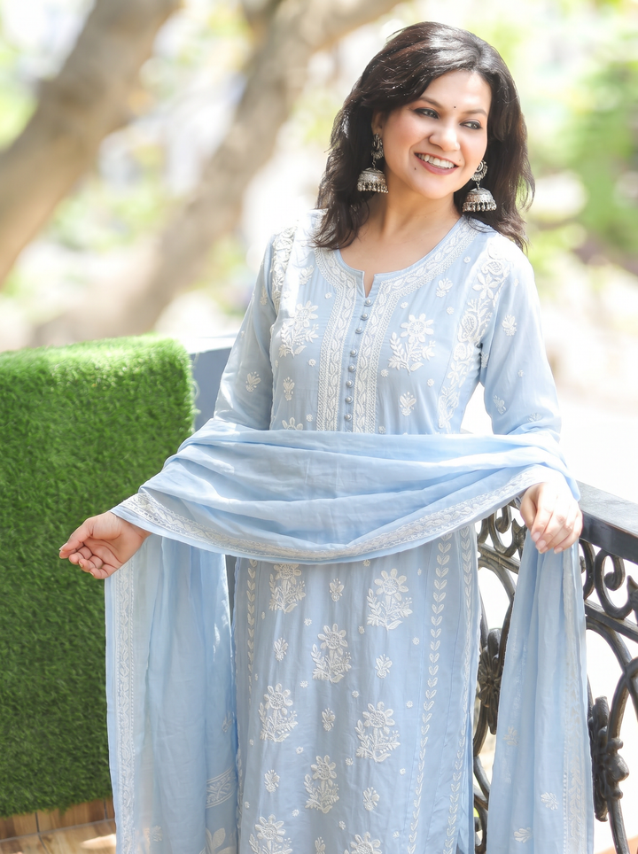 Shreevali Iced Blue Chikankari Mul Cotton Set