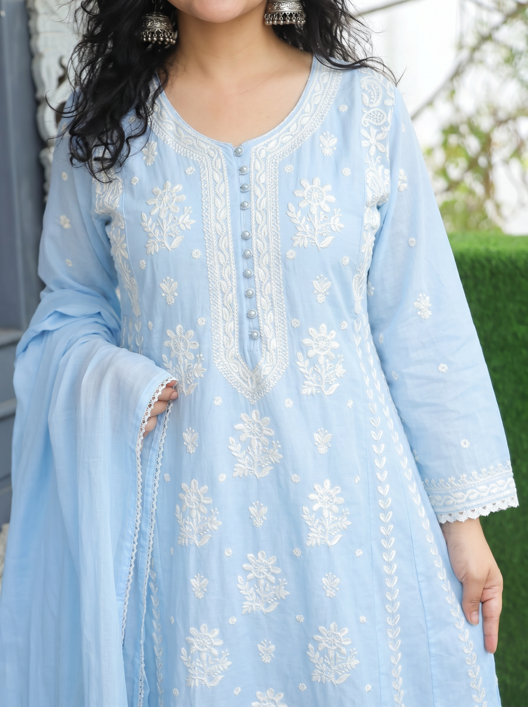 Shreevali Iced Blue Chikankari Mul Cotton Set