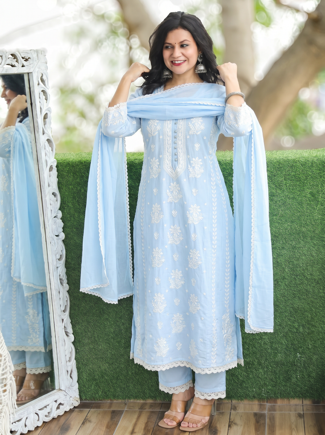 Shreevali Iced Blue Chikankari Mul Cotton Set