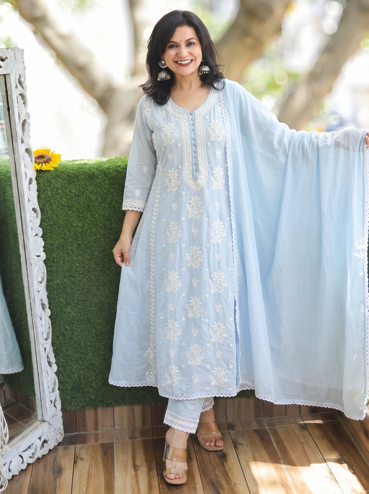 Shreevali Iced Blue Chikankari Mul Cotton Set