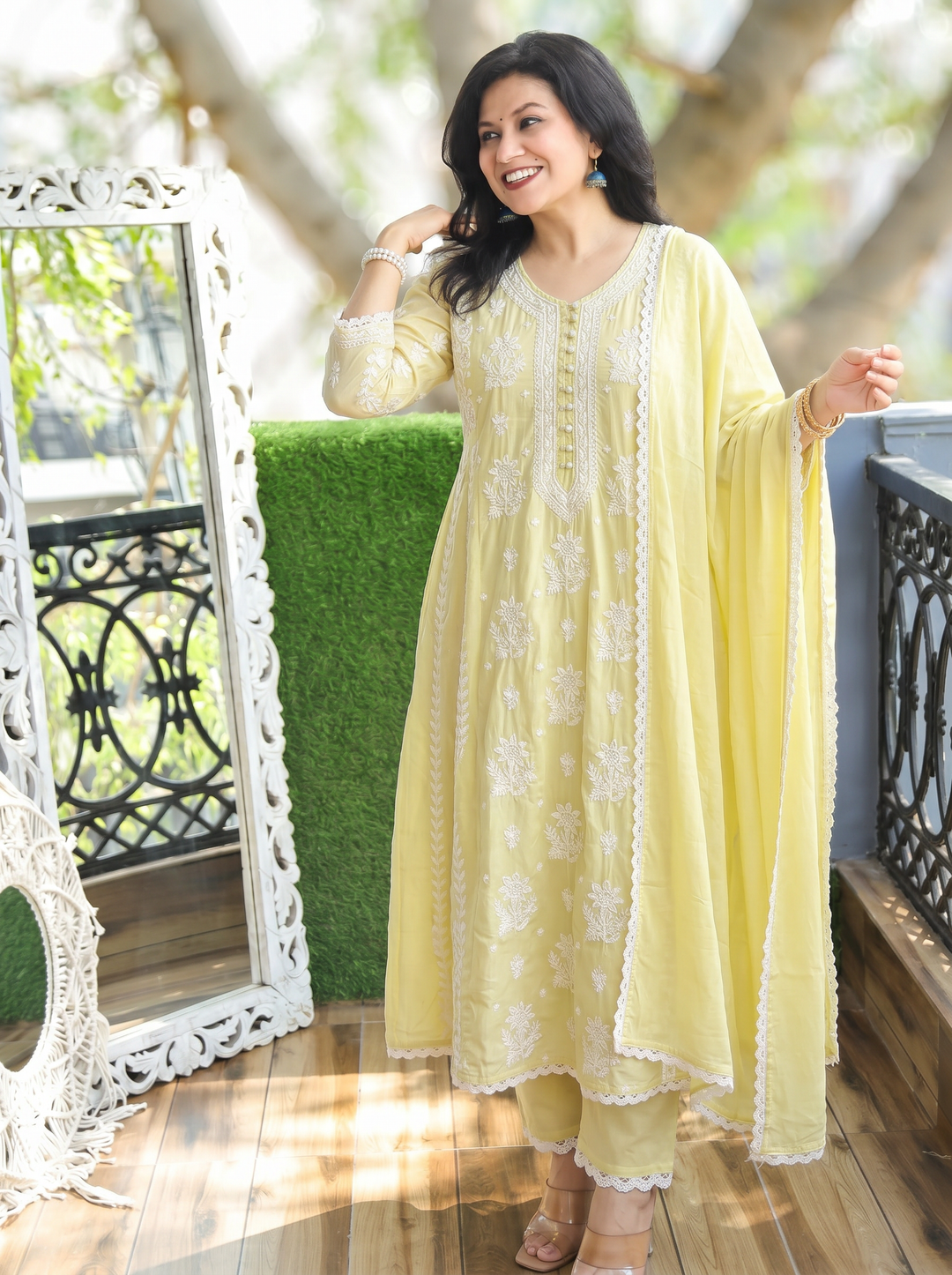 Shreevali Pastel Yellow Chikankari Mul Cotton Set