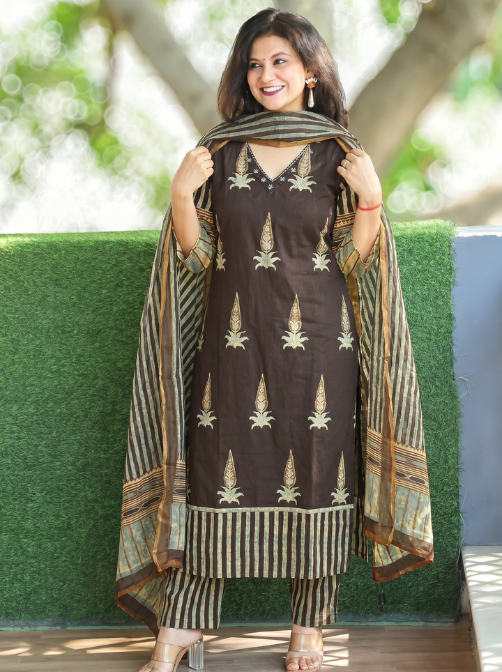 Paro Choco Brown Ajrak Print Cotton 3 Piece Set