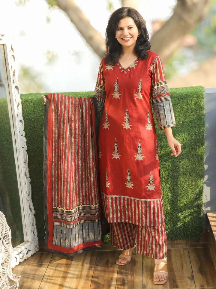 Paro Maroon Red Ajrak Print Cotton 3 Piece Set