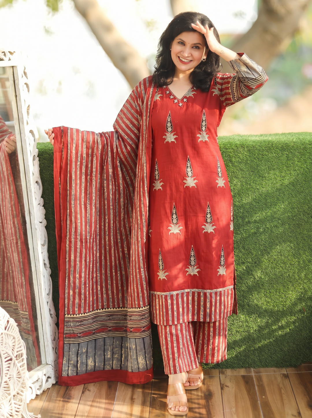 Paro Maroon Red Ajrak Print Cotton 3 Piece Set