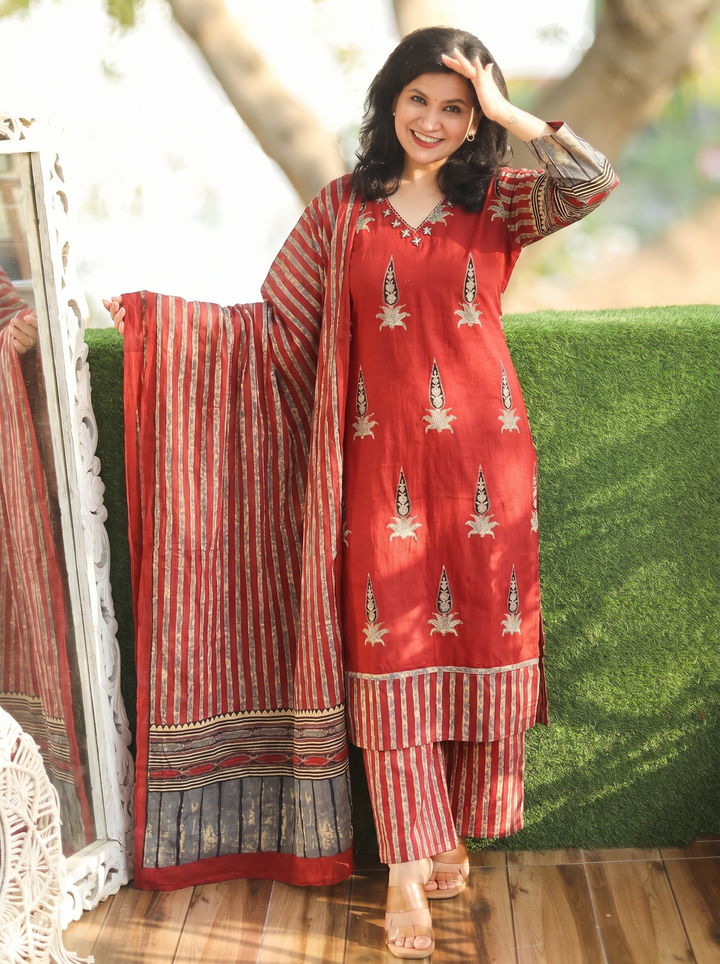 Paro Maroon Red Ajrak Print Cotton 3 Piece Set