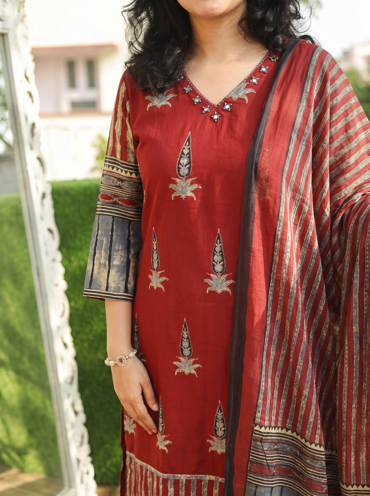 Paro Maroon Red Ajrak Print Cotton 3 Piece Set