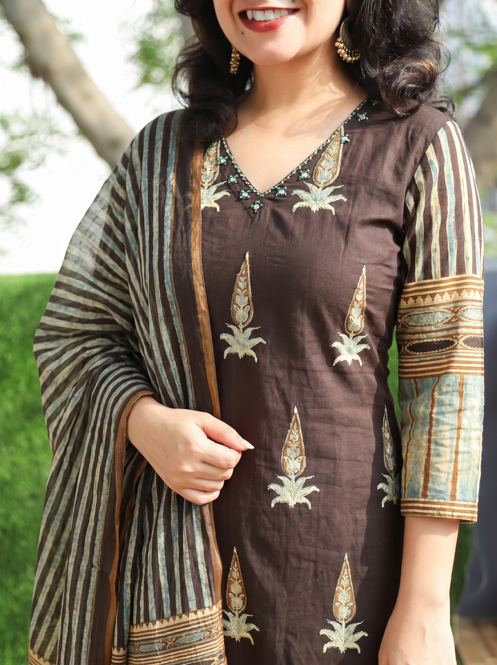 Paro Choco Brown Ajrak Print Cotton 3 Piece Set