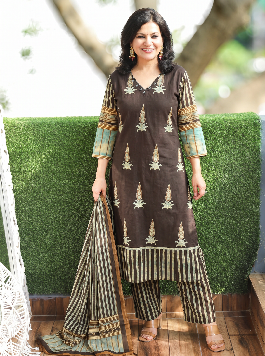 Paro Choco Brown Ajrak Print Cotton 3 Piece Set