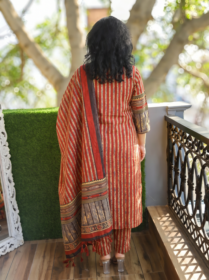 Paro Maroon Red Ajrak Print Cotton 3 Piece Set