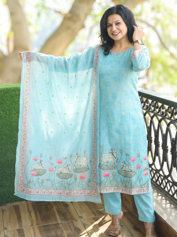 Jhanvi Sky Blue Cow Pichwai Print Kota Doriya Set